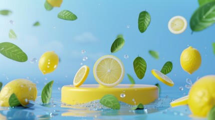 Fresh Lemons Splashing on Blue Background