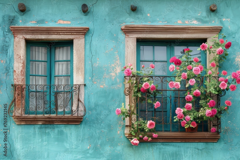 Poster Delicate flowers bloom on windows, adding a pop of color to the glass. The couple of windows frame the vibrant blooms, creating a charming scene