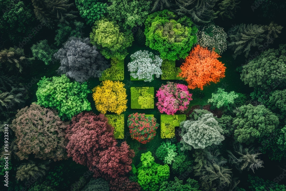 Aufkleber A cluster of towering trees stand tall in the heart of a lush forest, their branches intertwined, creating a canopy of greenery that filters the sunlight above