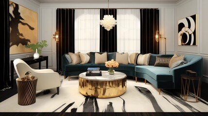  Discover a luxurious Hollywood Regency living room adorned with a modern Art Deco twist, showcasing a curved sofa and velvet pouf,