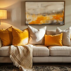 Frame a scene of serenity and comfort with an image showcasing a cozy living room interior featuring a beige sofa, comforting blanket, and cheerful yellow cushions, illuminated by warm lighting