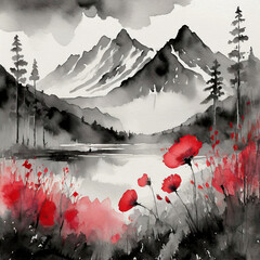 붉은꽃이 핀 흑백의 풍경화 - obrazy, fototapety, plakaty