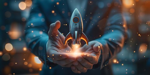 A businessman holding a virtual rocket symbolizing investment growth and corporate business startup with a target audience. Concept Business Growth, Startup Success, Investment Strategies - obrazy, fototapety, plakaty