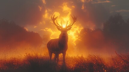 A deer amid natural landscape with a fiery backdrop