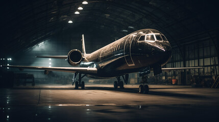 a black private jet standing in a hangar at night