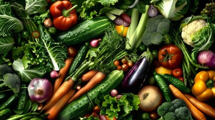Organic vegetables including cucumbers tomatoes eggplants carrots broccoli cabbage onions celery and asparagus forms colorful backdrop representing abundance and diversity of nature bounty