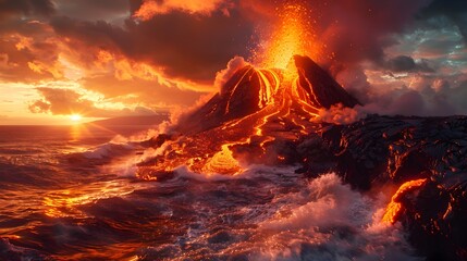 Volcano Sunset Spectacle: Lava Meets Ocean in a Majestic Eruption - obrazy, fototapety, plakaty