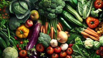 Organic vegetables including cucumbers tomatoes eggplants carrots broccoli cabbage onions celery and asparagus forms colorful backdrop representing abundance and diversity of nature bounty - obrazy, fototapety, plakaty