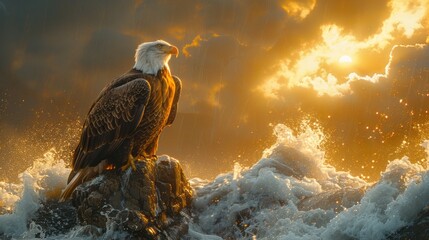 Bald eagle perched on rock gazes upon sea landscape - obrazy, fototapety, plakaty