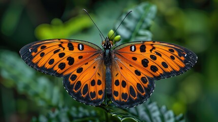 Black-Winged, Brown Orange Butterfly In Forest NP in Uganda. Butterfly in the nature habitat, Green vegetation, Africa. Nature Wildlife - Generative AI - obrazy, fototapety, plakaty
