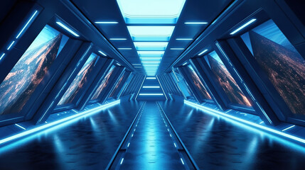 Abstract Triangle Spaceship corridor. Futuristic tunnel with light.