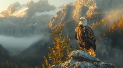 Bald eagle perched on rocky mountain peak in Falconiformes landscape - obrazy, fototapety, plakaty