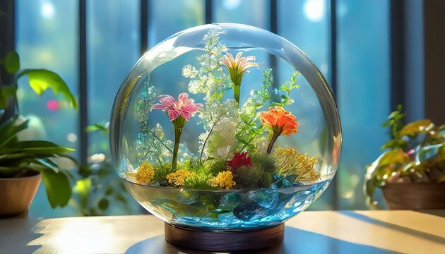 flowers in a glass vase. A cinematic long shot of a glass bowl terrarium filled with a variety of lush greenery and delicate blossoms, captured against a backdrop of soft, diffused light. 