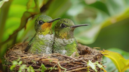 Fototapeta premium Adult Hummingbird With Two Chicks in the Nest, Green Violet-Ear, Costa Rica - Generative AI