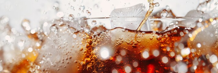 Pouring of Cola and Ice Cola soda and ice splashing fizzing or floating up to top of surface Close up of ice in cola water Texture of carbonate drink with bubbles in glass Cold drink background 