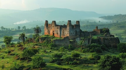 Aerial View at Fusillades Castle in Gondar in Ethiopia. Green Trees with Old Building in Africa...