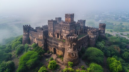 Aerial View at Fusillades Castle in Gondar in Ethiopia. Green Trees with Old Building in Africa...