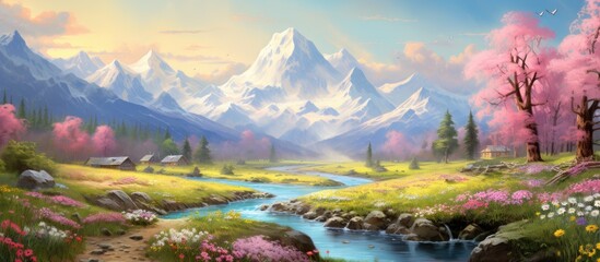 A scenic painting of a river flowing through a green field with mountains in the background, capturing the beauty of the natural landscape