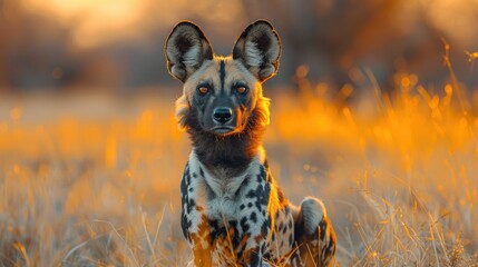 African Wild Dog in Botswana, Africa. Dangerous Spotted Animal With Big Ears. Hunting African Dog on African Safari. Wildlife Scene and Nature - Generative AI - obrazy, fototapety, plakaty