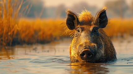 African Wild Pig With Tusk. Warthog, Brown Wild Animal. Close-up of Animal in Nature Habitat. Wildlife Nature on African Safari, National Park - Generative AI