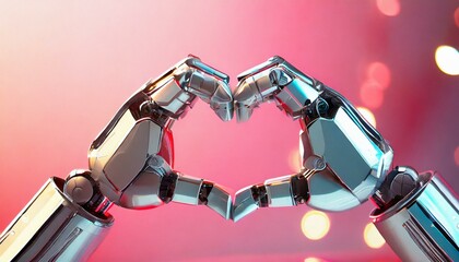 humanoid robot making a heart symbol with his hands - obrazy, fototapety, plakaty