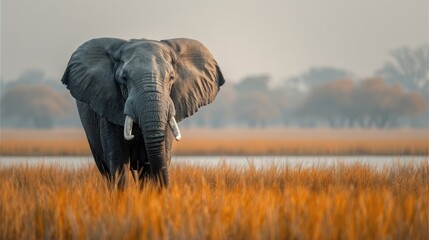 Elephant in the Grass, Beautiful Morning Light. Wildlife Scene From Nature - Generative AI - obrazy, fototapety, plakaty
