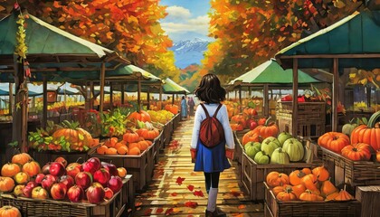  A vibrant farmers market scene in autumn, with stalls full of pumpkins, apples, and fall  - obrazy, fototapety, plakaty