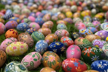 Fototapeta na wymiar Sprawling Field of Hand-Decorated Easter Eggs on Grass