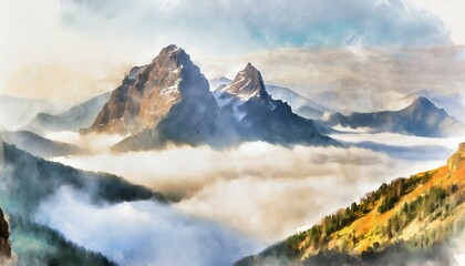 High mountain peaks emerging from a sea of fog, with the tips just visible above the clouds