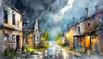 An old, deserted town as a thunderstorm approaches. The impending storm adds a dramatic - obrazy, fototapety, plakaty