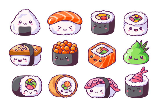 Vector Set of cute kawaii sushi