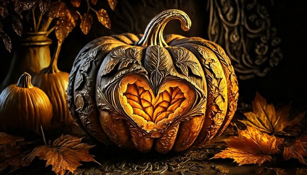 Photorealistic image of a beautifully carved pumpkin with an intricate design