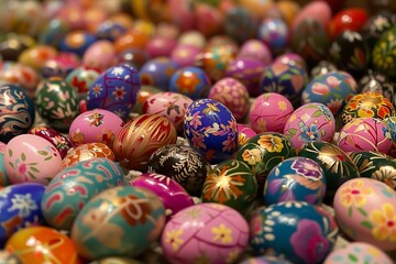 Fototapeta na wymiar Tapestry of Ornate Hand-Painted Easter Eggs in Close View