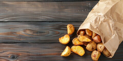 close up of fried potatoes in paper bag on wooden table, generative AI