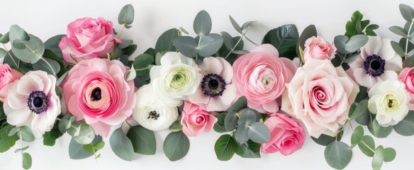 Floral banner. Pink and white flowers with eucalyptus leaves. Roses, ranunculus, anemones - obrazy, fototapety, plakaty