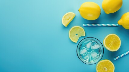 Refreshing lemonade in a glass with ice on blue background surrounded by whole and sliced lemons. - obrazy, fototapety, plakaty
