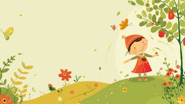 Illustrated image of a happy little girl in garden with plants, flowers, and butterflies.
