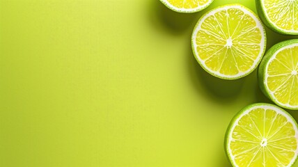 Sliced limes on a vibrant green background with top view and strong shadow contrast. - obrazy, fototapety, plakaty