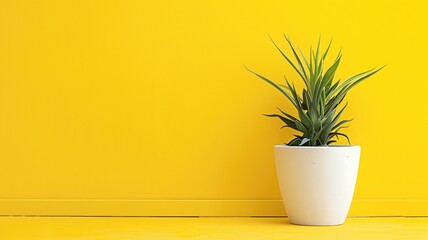 A green potted plant against a vibrant yellow background with surface.
