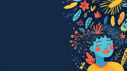 Illustration of a content woman with blue hair surrounded by colorful abstract flowers and leaves on dark background.