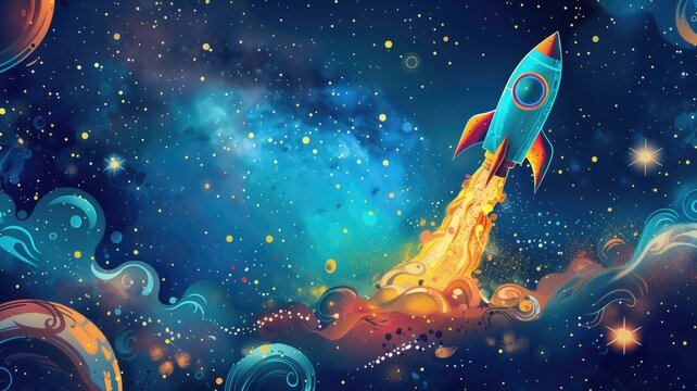 A vibrant illustration of a rocket ship launching into stylized, colorful, star-filled space scene.