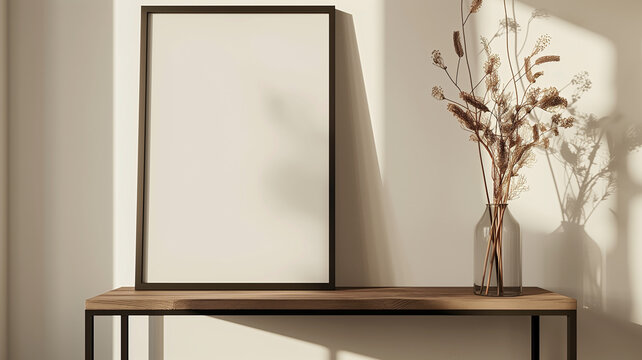 A black picture frame with a blank white canvas on the wall above a table, a vase of flowers, a simple and clean background, in a minimalist style