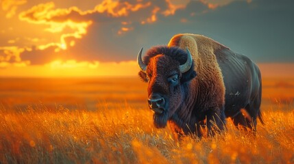 Bison with horns on the plain at sunset, standing in the field