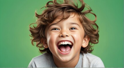 young british child boy on plain bright green background laughing hysterically looking at camera background banner template ad marketing concept from Generative AI - obrazy, fototapety, plakaty