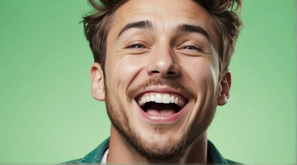 young british man on plain bright green background laughing hysterically looking at camera background banner template ad marketing concept from Generative AI - obrazy, fototapety, plakaty