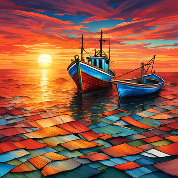 colorful surreal seascape with boats at sunset