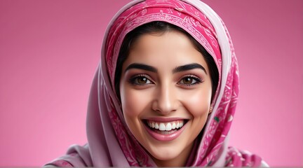 young middle eastern on plain bright pink background laughing hysterically looking at camera background banner template ad marketing concept from Generative AI