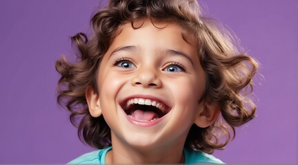 young italian kids on plain bright purple background laughing hysterically looking at camera background banner template ad marketing concept from Generative AI