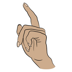Human female hand with pointing index finger. Elegant gesture. Isolated vector illustration. Cartoon style.