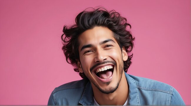 young hispanic man on plain bright pink background laughing hysterically looking at camera background banner template ad marketing concept from Generative AI